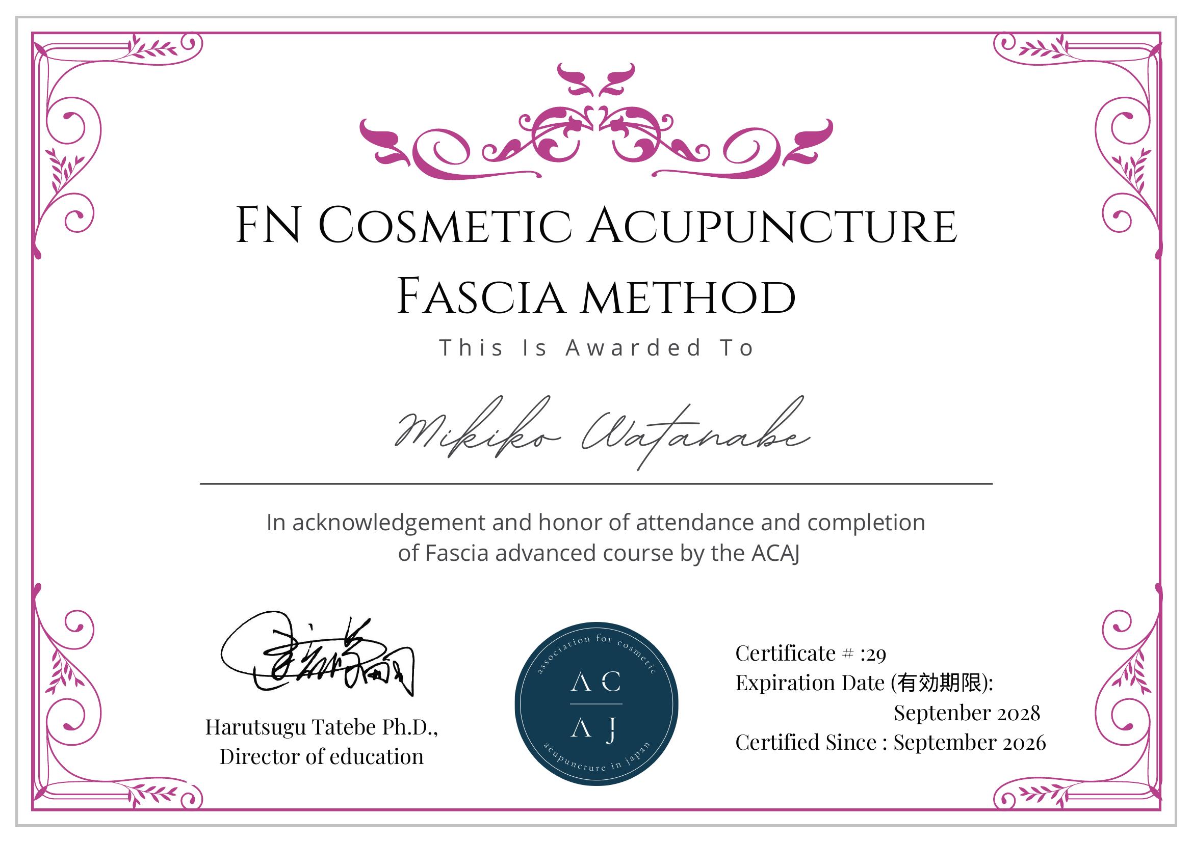 FN Cosmetic Acupuncture Fascia Method 認定証